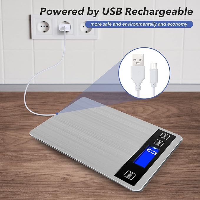 33lb Food Kitchen Digital Scale,1g/0.05oz Precise Graduation, USB Charging Kitchen Scale, Waterproof Stainless Steel with LCD Display, Ounces and Grams for Weight Loss, Cooking, Baking (Silvery)