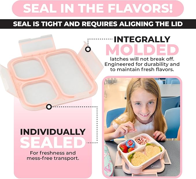Medium Bento Box for Kids, Lunch-Box for Boys or Girls, Leakproof 3 Compartment Containers for Meal or Snack, BPA Free, 2 pack Pastel Teal + Pink