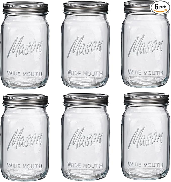 WELLIFE Wide Mouth Mason Jars, 6 Pack Mason Jars 32 oz for Pickling, Canning, Fermenting and Food Storage, Microwave & Dishwasher Safe