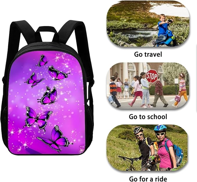 Dolyues 3 Piece Fashion Kids Backpack Set with Lunch Bag and Pencil Box, Purple Shiny Crystal Butterfly Print School Bookbag Outdoor Travel Bags Lightweight Daypack for Teen Girls