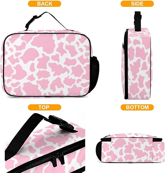 Pink Cow Print Reusable Lunch Box Insulated Lunch Bag Cooler Bag Lunchbox Meal Food Container Tote Bag for Women Kids Girls School Camping Hiking Picnic Beach Travel