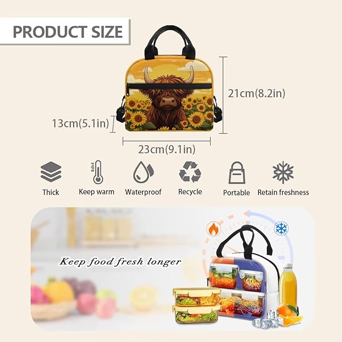 Showudesigns Highland Cow Lunch Box for Girls 8-10 10-12 12-14 Lunch Tote Bag Sunflower Lunchbox Bento Keep Food Cold and Warm for Long Time Picnic Bags Insulated Lunchbags