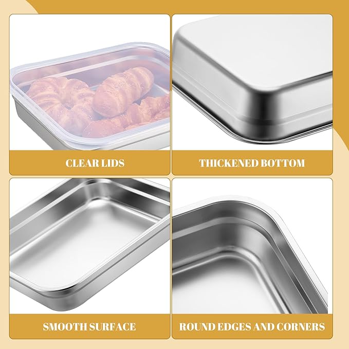 Stainless Steel Food Prep Container with Clear Lid and Rack Half Size Hotel Pans Steel Tray with Lid Fruit Storage Containers for Home Kitchen Restaurant Hotel, 32 x 26 cm(2.6 Inch)