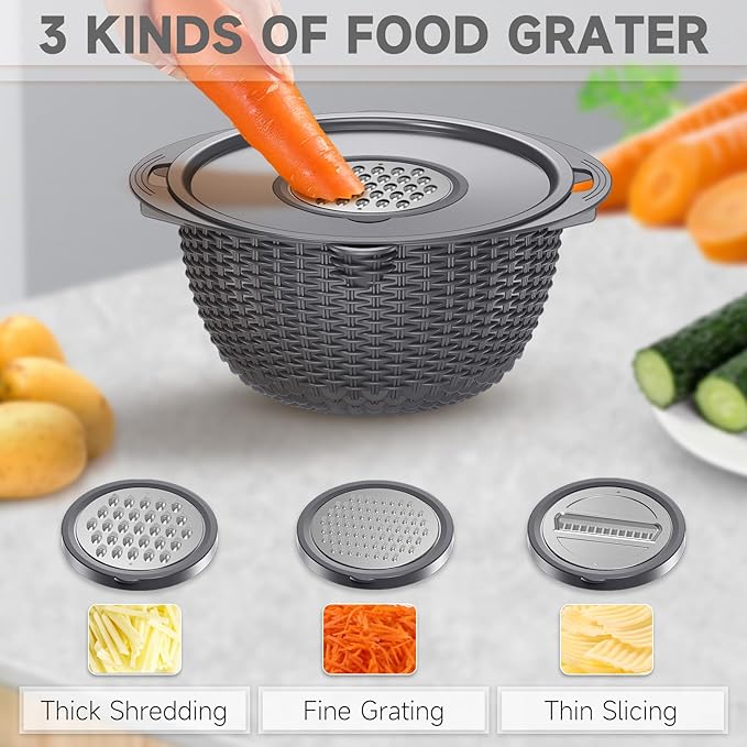 4-1 Colander with Bowl Set - Pasta Strainer - Colander for Kitchen - Strainers and Colanders Rice Strainer Fruit Cleaner Veggie Wash Sink Strainer Kitchen Essentials - Dark Grey