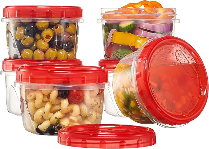 PLASTICPRO 12 Pack Twist Cap Food Storage Containers with Red Screw on Lid- 16 oz Reusable Meal Prep Containers - Freezer and Microwave Safe Red Plastic Food Storage