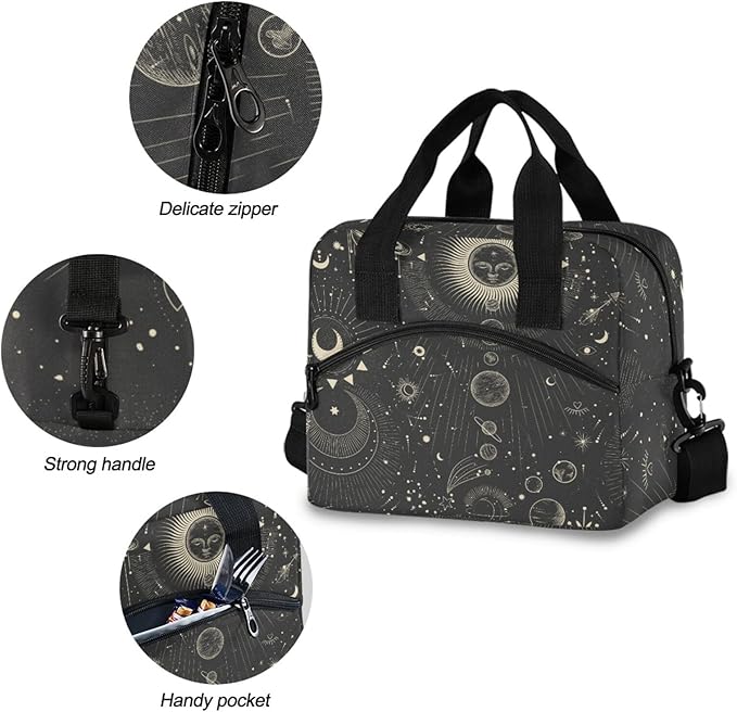 Moon And Stars Goth Insulated Lunch Bag Reusable Lunch Tote Bag Cooler Bag for Women Men Adult Lunch Box with Adjustable Shoulder Strap Leakproof Lunch Bag for Work School Picnic Camping