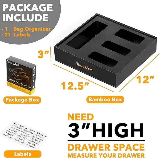 SpaceAid Bag Storage Organizer for Kitchen Drawer, Bamboo Organizer, Compatible with Gallon, Quart, Sandwich and Snack Variety Size Bag (1 Box 4 Slots), Black