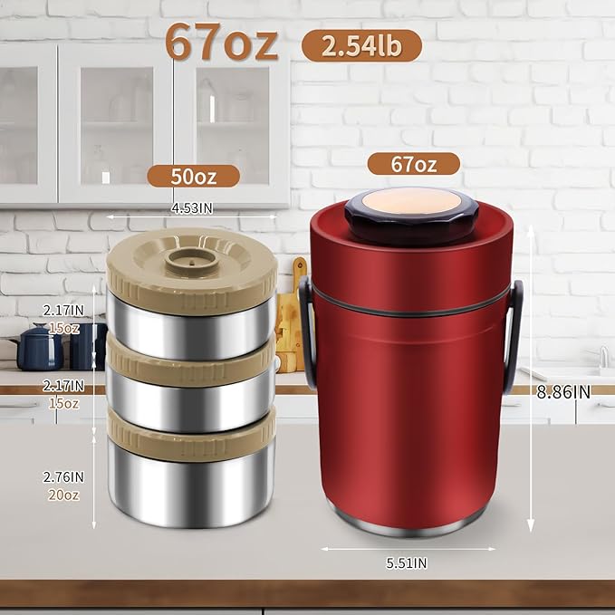 67oz Thermos for Hot Food,3-Layer Sealed Stackable Food Thermos,with Lunch Bag Soup Thermos Wide Mouth,It Is Suitable for Daily Office Meals, and Outdoor Meals (Red)