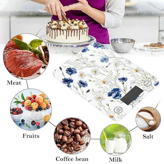 Food Scale Kitchen Digital Scale Food Ounces and Grams Dieting Baking Cooking Waterproof Glass Panels LCD Display,4 Units Scale Tare Function Daisy White