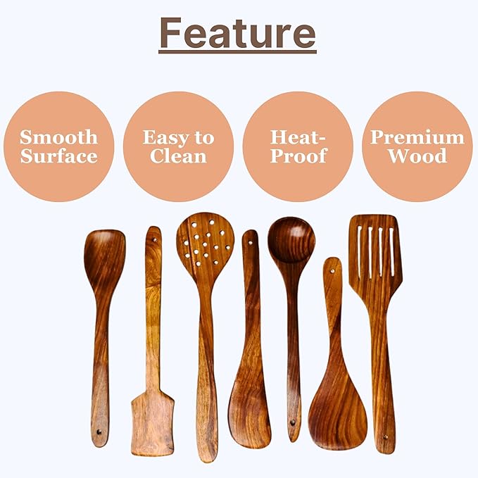 7 Pcs Natural Sheesham Wooden Kitchen Utensil Set with Spoon Rest - Smooth Finish & Soft Comfort-Grip Wood Spoons for Cooking - Nonstick Serving Cookware Kitchen Gift Set - 35.56 Cm