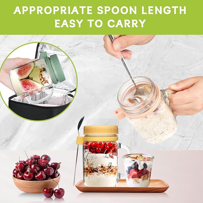 ANOTION Overnight Oats Containers with Lids and Spoons - 16 oz Mason Jars with Handle Set of 6 - Airtight Glass Meal Prep Containers for Oats Overnight, Yogurt Oatmeal Cereal Pudding Cups with Lids