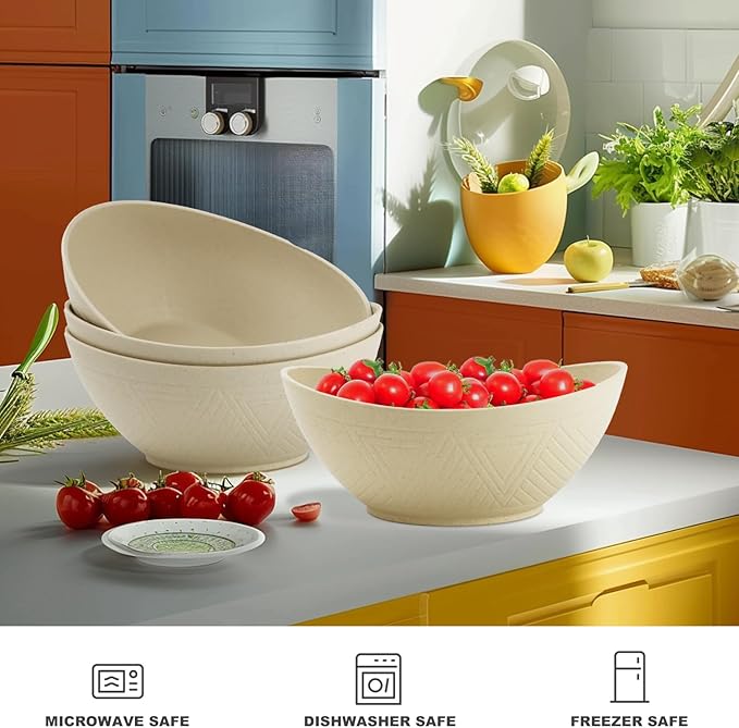 Large Bowls 65 OZ Wheat Straw Bowls Set of 4, Unbreakable Salad Bowl, Microwave & Dishwasher Safe, Kitchen Serving Bowl for Salad, Cereal, Soup and Oatmeal (Beige)