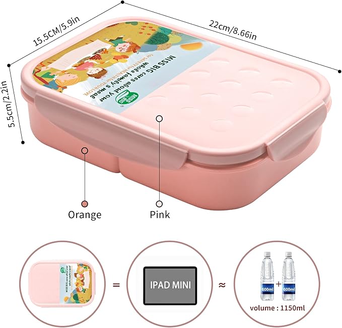 MISS BIG® Bento Box for Kids,Bento Box & Lunch Box,Leakproof, No BPAs/Chemical Dyes,M/W, D/W & Fridge Safe,1150ml Large Lunch Box for School, Picnic, Travel (Pink)