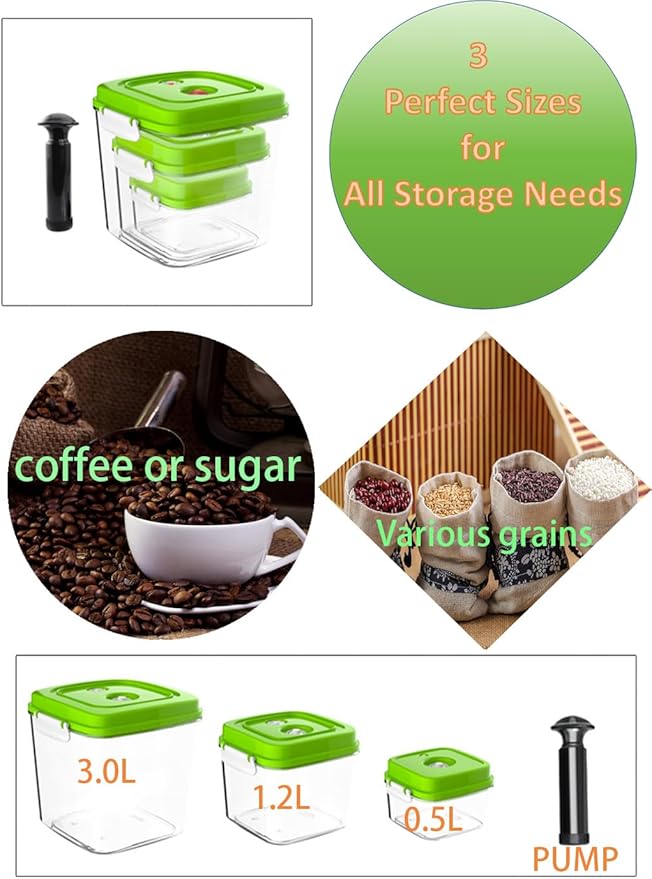 Vacuum Canister Set for Coffee, Tea, Dry Goods – 500ml 1200ml 3000ml Containers with Manual Pump&Time Chart – Food Storage,Bar Essentials, Espresso, Bulk Ground (0.5L+1.2L+3.0L+Pump-Transparent-2pack)