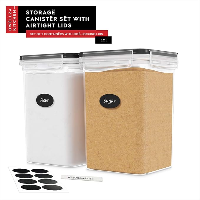 DWËLLZA KITCHEN Extra Large Flour and Sugar Containers - 2 PC Airtight Food Storage Containers for Pantry Organization and Storage 175 oz - Kitchen Organization Bulk Food Canisters with Marker/Labels