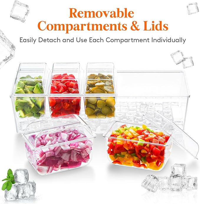 Lifewit 3 Pack Ice Chilled Condiment Caddy with 5 Containers(2.5 cup), Condiment Server with Separate Lids, Serving Tray Platter for Bar Accessories, Fruit, Salad, Taco, Party Garnish