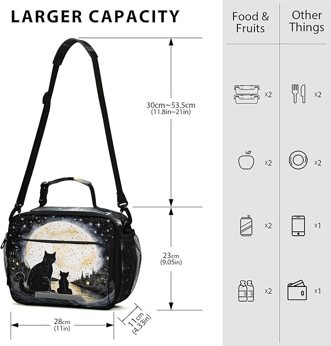 MNSRUU Student Lunch Bag Black Cat Insulated DinnerTotes Picnic Bag Lunch Box with Adjustable Shoulder Strap for Teen Kids Adults