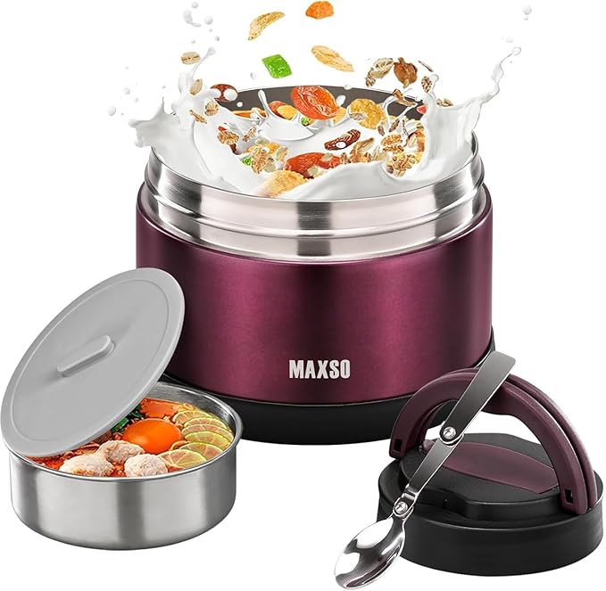 MAXSO Food Jar for Hot Food - 24 OZ Soup Thermo for Adults Vacuum Insulated Lunch Containers with Foldable Spoon & Thermal Bag, Wide Mouth Leakproof Bento Box - Burgundy