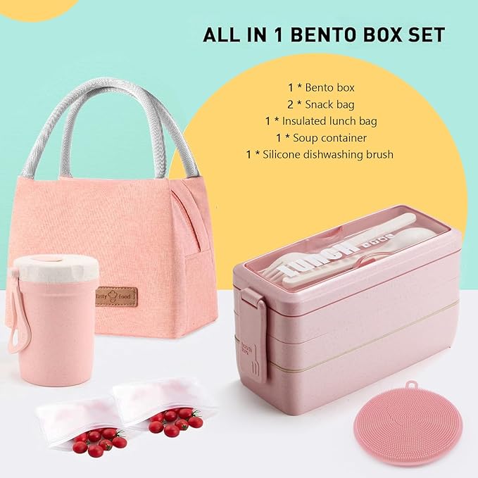 Bento Box Japanese Lunch Box Kit Leakproof Bento Lunch Box for Kids Adults Wheat Straw 3 Layer Stackable Lunch Containers with Compartment Eco-Friendly Meal Prep Containers (Pink)