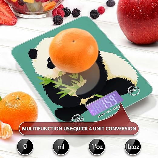 Food Scale Kitchen Digital Scale Food Ounces and Grams Dieting Baking Cooking Waterproof Glass Panels LCD Display,4 Units Scale Tare Function Baby Panda Chewing Green Bamboo