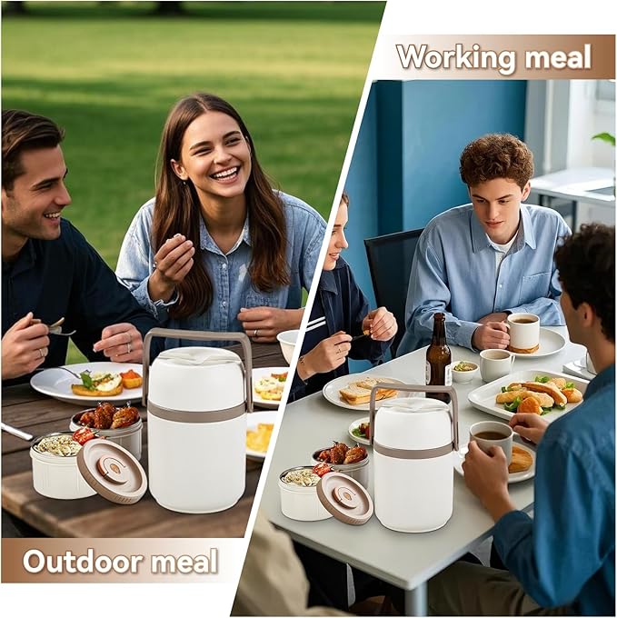 51 oz Adults Vacuum Insulated Wide Mouth Soup Food Thermos Hot Food Jar with Keep Thermal Portable 2 Tier Stackable Bento Hot Food Containers Lunch Boxes (White, 51)