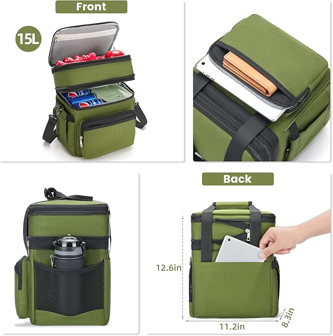 Insulated Lunch Bag & Lunch Box for Men - Double Deck Reusable Lunch Bag for Women Tote Cooler Bag Leakproof Soft Expandable - Large Lunchbox for Work/Adult/Picnic/Outdoor (Green,15L)