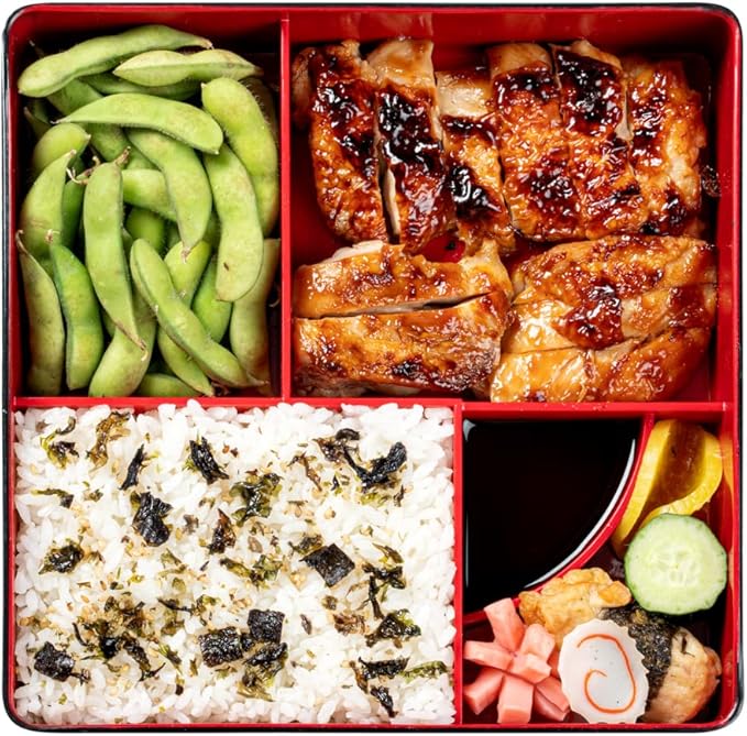 Restaurantware-8.3 x 2.2 Inch Compartment Lunch Container, 1 Japanese Style Adult Lunch Container - With 5 Compartments, Greaseproof, Black & Red Plastic Divided Lunch Box, For Hot & Cold Food