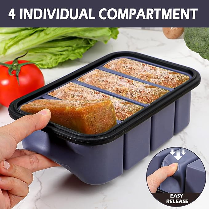 Webake Silicone Freezer Tray with Lid, Food Storage Container 1 Cup Portion, Ice Cube Tray for Soup Sauce Meal Prep, BPA Free - Grey