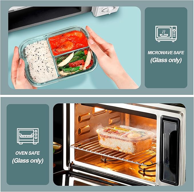 Glass Meal Prep Containers 3 Compartments, 5 Pack 36 oz, Glass Food Storage Containers with Lids, Airtight Lunch Bento Box, Portion Control, Freezer and Microwave Safe, White