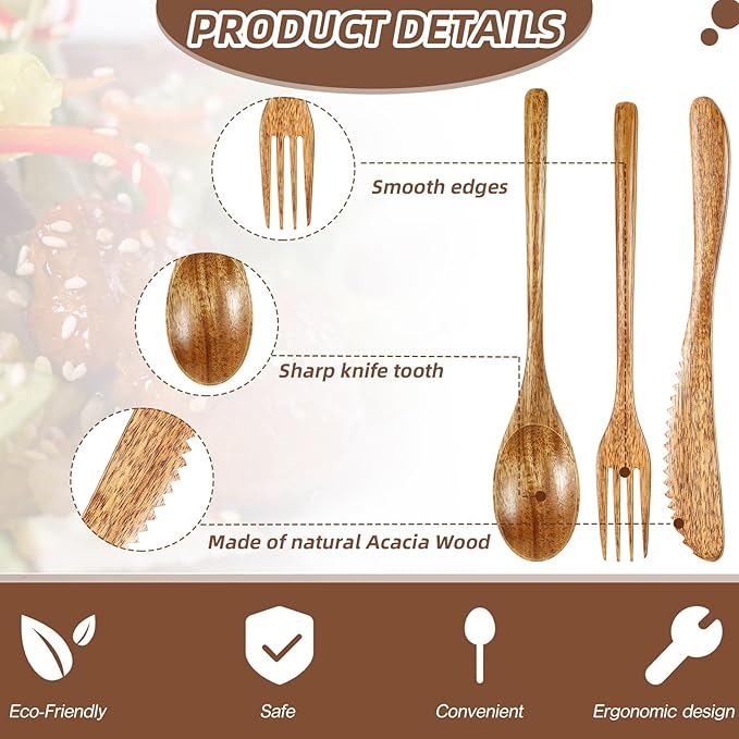 Geiserailie 12 Pcs Wooden Utensils for Eating Wooden Spoon Fork Knife Cutlery Set Kitchen Wood Dinner Flatware Tableware Set Includes Spoon, Fork, Knife (Acacia Wood)