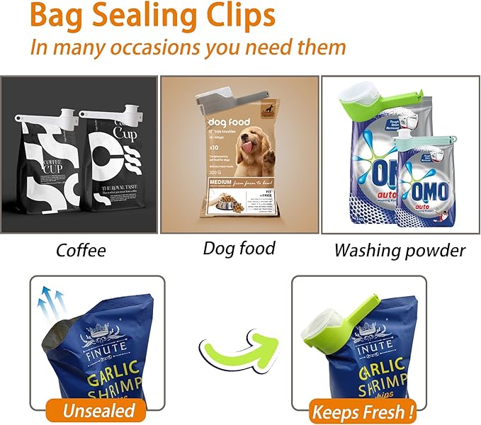 6Pcs Bag Spout Clip,Bag Clips for Food,Snack Sealing Clips with Pour Spouts,Kitchen Chip with 4pcs Adhesive Hooks, for Cereal Kitchen Food Storage Organization(2L+4S)