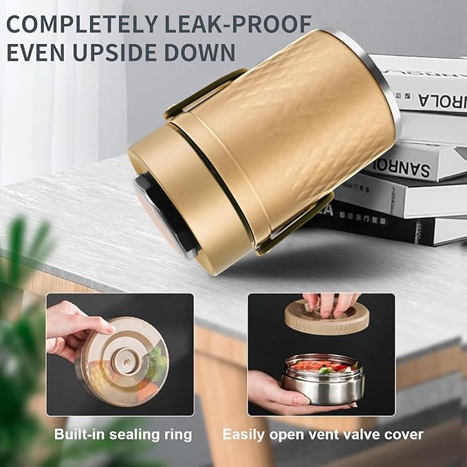 67oz Thermos for Hot Food, 3 Layered Stackable Insulated Lunch Box, Soup Thermos Jar Comes with an insulated bag, suitable for office lunches and outdoor dining, among other uses (Gold)