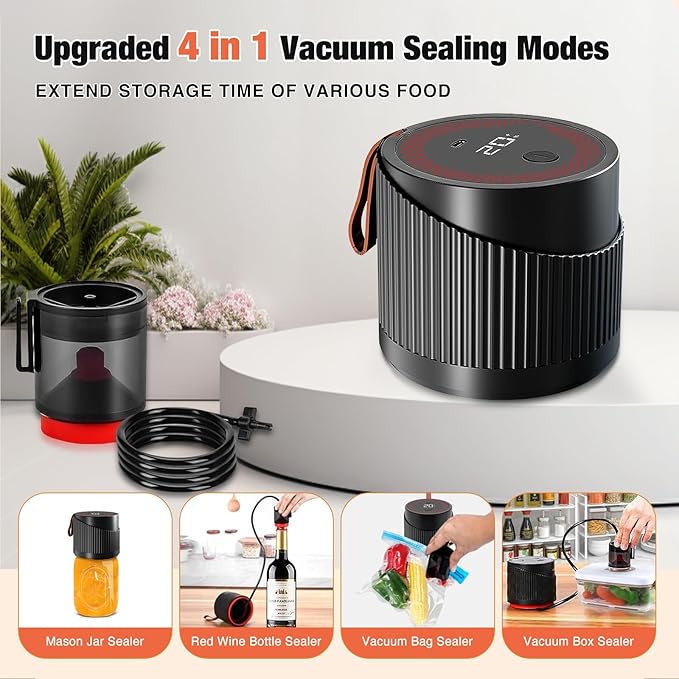Mason Jar Vacuum Sealer Kit 4 in 1 Electric Black Can Sealer Machine for Food Storage Vacuum Bag Box Wine Bottle Wide Mouth and Regular Mouth Mason Jars