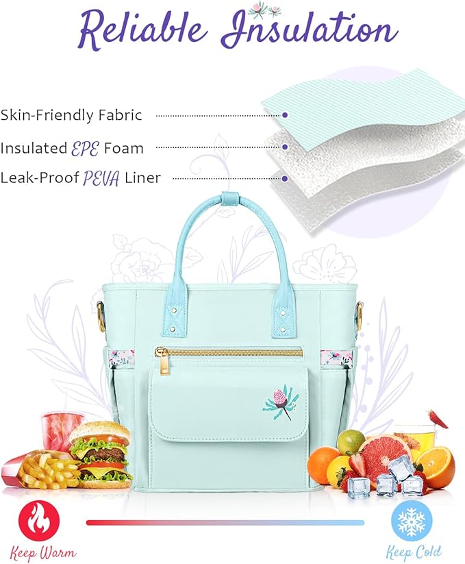 Deluxe Large Insulated Lunch Bag Box Women - Leakproof Waterproof Cooler with Multi Pockets Removable Strap for Work Picnic - Teacher Mothers Day Christmas Birthday Gifts