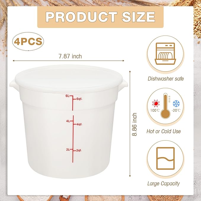 Hushee 4 Pcs Commercial Food Storage Containers Round PP Food Storage Containers with Lids for Pantry Translucent Plastic Tubs with Lids for Storage Food Safe Bucket with Scales and Handles (6 Quart)