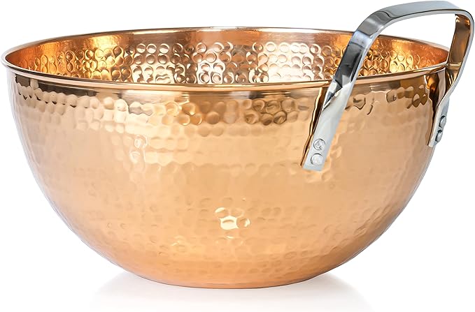 Red Co. 5 Quarts Large 11” Round Hammered Pure Copper Mixing Bowl with Handle