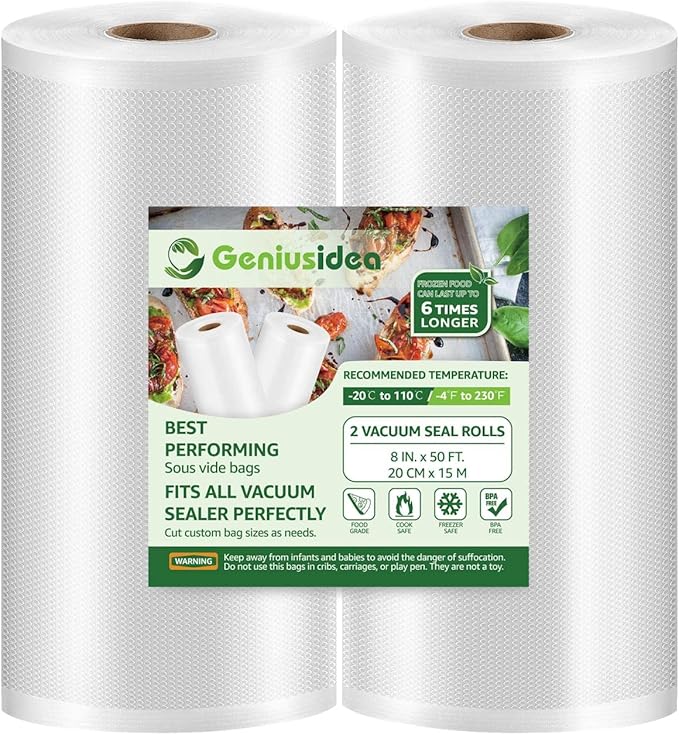 Geniusidea Vacuum Sealer Bags 8''x50' 2 Pack for Food Saver, Seal a Meal, BPA Free, Commercial Grade, Custom Fit Food Saver Bags Rolls for Sous Vide, Meal Prep, Vac Storage (100 Feet in Total)