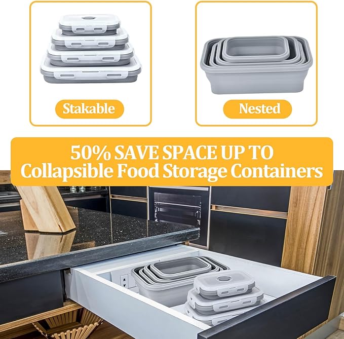 Collapsible Food Storage Containers with Lids, Silicone Meal Prep Containers BPA Free, Lunch Containers Collapsible Bowls Sets for Camping Storage Containers, Microwave Freezer Dishwasher Safe, Gray
