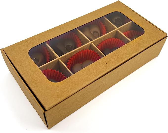 Treat boxes with window and dividers | 8 X-SMALL compartments | 6.75 x 3.5 x 1.57 in | Empty candy boxes for gift giving, truffle box - perfect for Valentine's Day | 10-pack (Kraft)