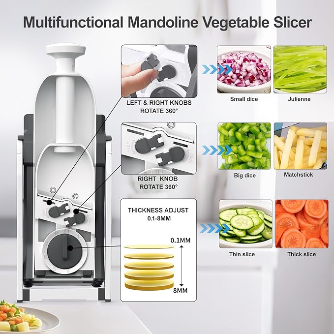 Safe Mandoline Slicer for Kitchen, 5 in 1 Vegetable Food Chopper, Potato French Fry Cutter, Fruit Slicer, Adjustable Thickness 0.1-8 mm, Kitchen Chopping Artifact Fast Meal Prep (Gray)