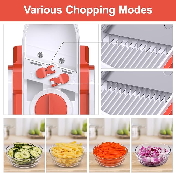 Safe Mandoline Slicer for Kitchen, Adjustable Thickness 0.1-8 mm, 5 in 1 Multi Vegetable Chopper, Potato Slicer, Food Chopper French Fry Cutte, Paring Knife/Cleaning Brush, Mandolin (Tropical orange)