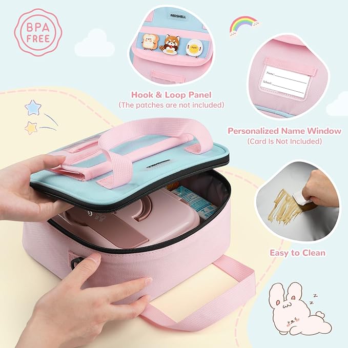REDSHELL Tactical Lunch Box Kids, Large Insulated Lunch Bag for Girls, Cooler Lunchbag, Square Toddler Lunchbox, Back to School Daycare Lunch Tote Pail with Water Bottle Holder Shoulder Strap, Pink