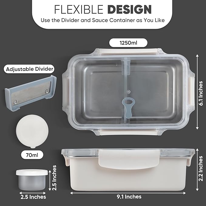 Bliss - Stainless Steel Leak Proof Bento Lunch Box, Meal Prep container for Adults; 3 Compartments, Modern bento Box, Microwave Safe| Lunchbox| Bentobox | Lunch container (Vanilla, 42 OZ)