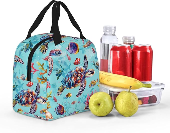 Blue Ocean Insulated Lunch Bag for Women Men Reusable Cooler Nautical Lunch Tote Bag with Front Pocket for Hiking Picnic Travel Office