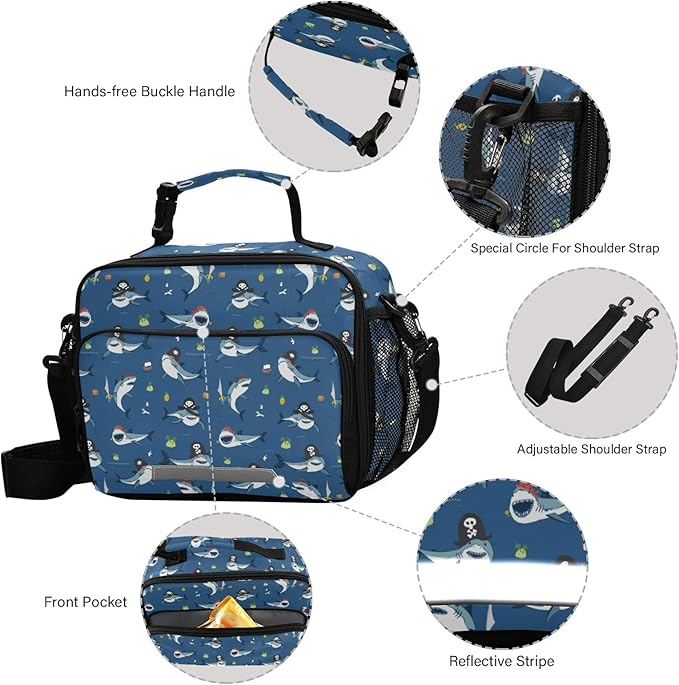 Pirate Shark Kids Lunch Bag Sea Animal Insulated Lunch Bags Reusable Lunch Box Lunch Tote Bag for School Office Work Picnic