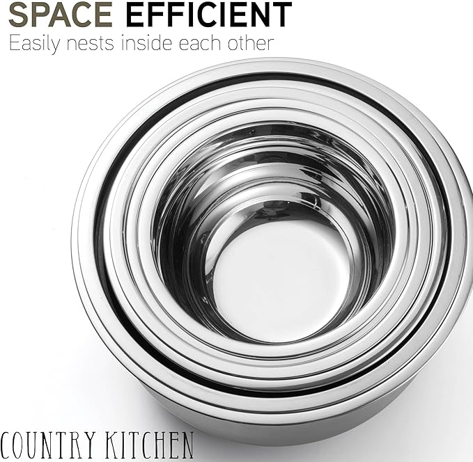 Country Kitchen Mixing Bowls with Airtight Lids - 12 piece Stainless Steel Metal Nesting Storage Bowls, Non-Slip Bottoms (Khaki)