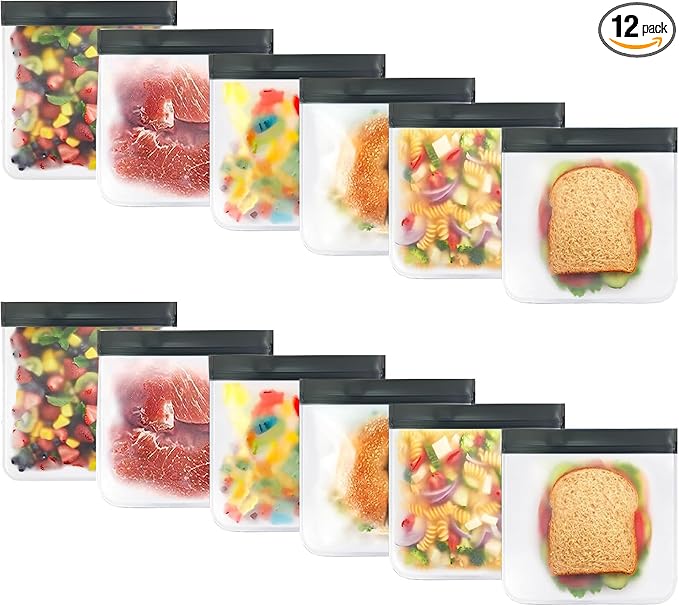 12-Pack Medium Reusable Food Storage Bags (Sandwich Size 9x6) – Premium Eco-Friendly, Leakproof, BPA-Free Ziplock Bags for Meal Prep, Freezer Storage, and Travel Essentials