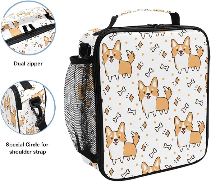 Pfrewn Corgi Dog Lunch Box Yellow Puppies Insulated Lunch Bag Cute Star Dogs Bone Reusable Cooler Meal Prep Bags Lunch Tote with Shoulder Strap for Office Adults School Kids Girls Boys Teens