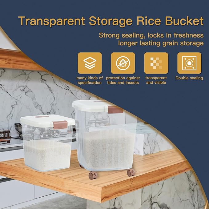 2PCS Airtight Flour Sugar Storage Containers with Lids, Easy to Move, Plastic Rice Cereal Grain Pet Food Bin with Wheels for Kitchen Pantry Organization (20lbs & 50lbs)
