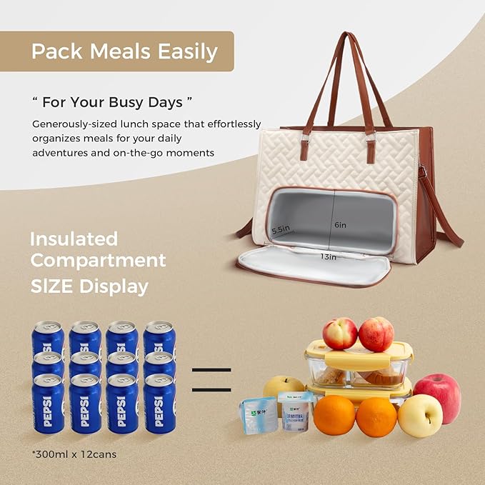 Lunch Tote Bag for Women, 15.6 inch Work Laptop Bag with Insulated Lunch Compartment - PU Leather Quilted Large Computer Handbag with Purse for Office Travel Casual - White